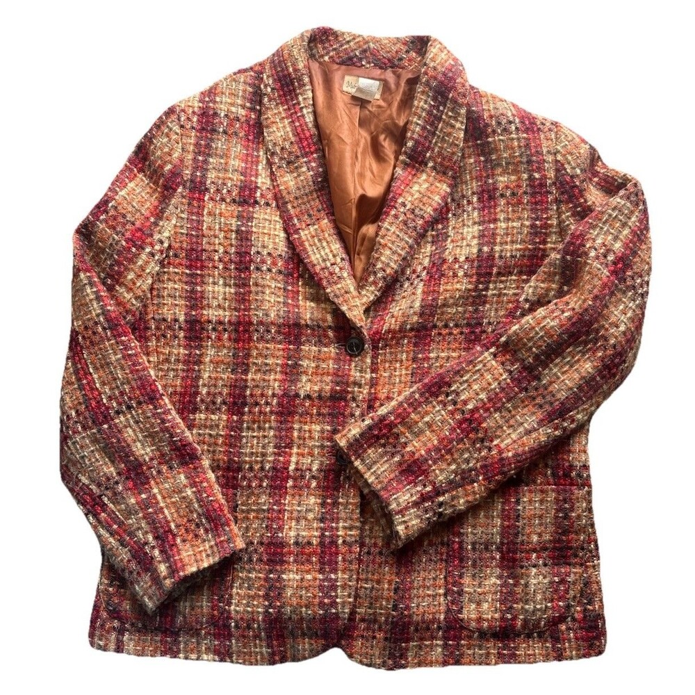 Vtg Midnight Velvet Tweed Plaid Blazer Jacket Women's 18W Orange Burgundy Autumn - Picture 5 of 5